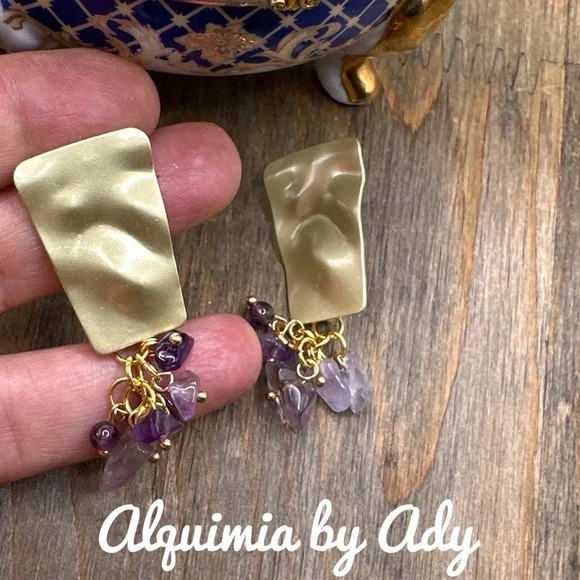 amethyst gold big statement earrings chandelier dangle bohemian purple colorful - Picture 2 of 4